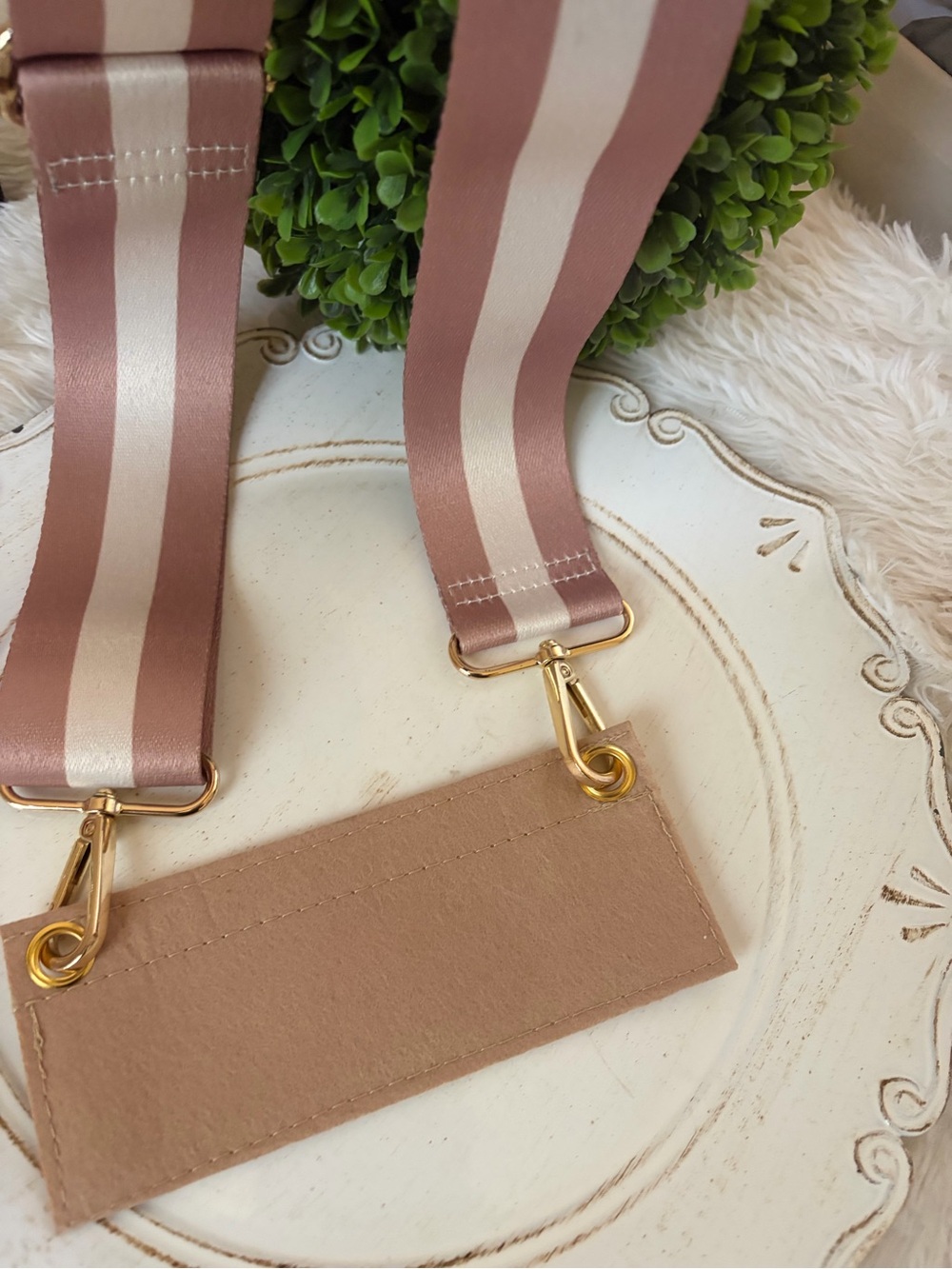 Striped tan and Cream crossbody strap and tan insert with Gold hardware